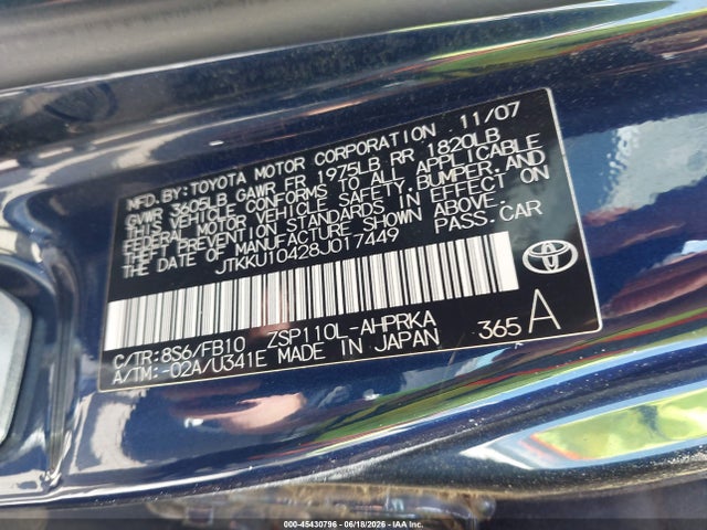 45430796 :رقم المزاد ، JTKKU10428J017449 vin ، 2008 Scion Xd مزاد بيع