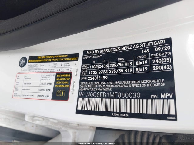 Aukcja sprzedaży 2021 Mercedes-benz Glc 300 4matic Suv, vin: W1N0G8EB1MF880030, numer aukcji: 45430809