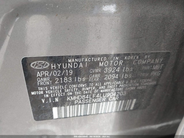 Продажа на аукционе авто 2020 Hyundai Elantra Sel, vin: KMHD84LF4LU904203, номер лота: 45430845