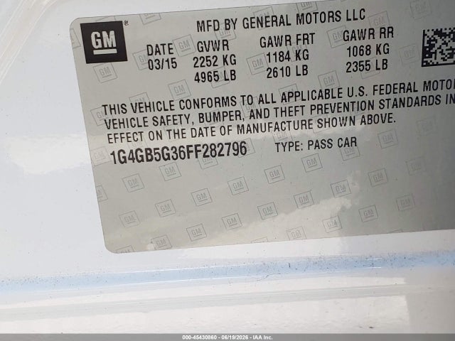 Aukcja sprzedaży 2015 Buick Lacrosse Leather, vin: 1G4GB5G36FF282796, numer aukcji: 45430860
