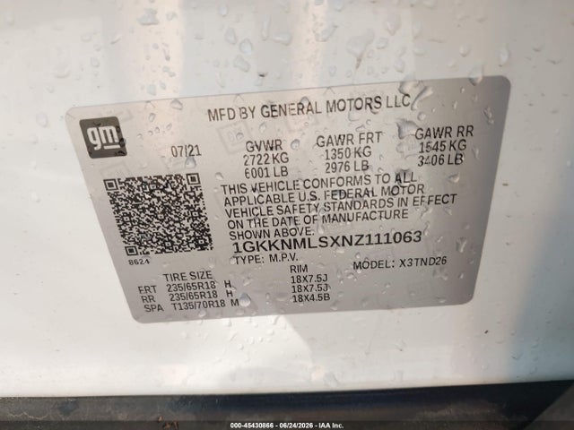 Auction sale of the 2022 Gmc Acadia Fwd Slt, vin: 1GKKNMLSXNZ111063, lot number: 45430866