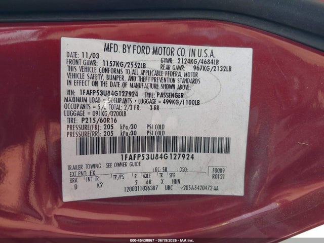 Продаж на аукціоні авто 2004 Ford Taurus Se, vin: 1FAFP53U84G127924, номер лоту: 45430867