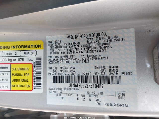 45430872 :رقم المزاد ، 3LN6L2G92ER810489 vin ، 2014 Lincoln Mkz مزاد بيع