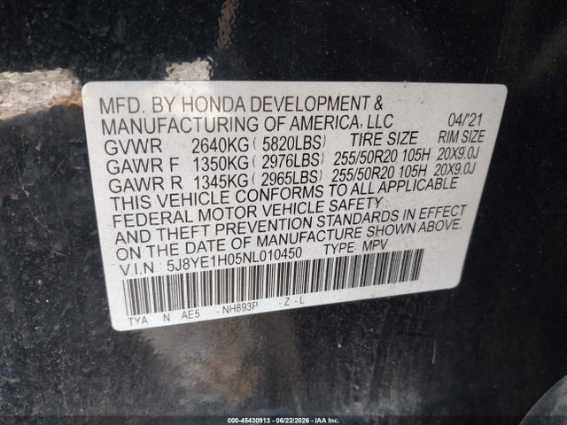 2022 Acura Mdx A-spec Package მანქანა იყიდება აუქციონზე, vin: 5J8YE1H05NL010450, აუქციონის ნომერი: 45430913