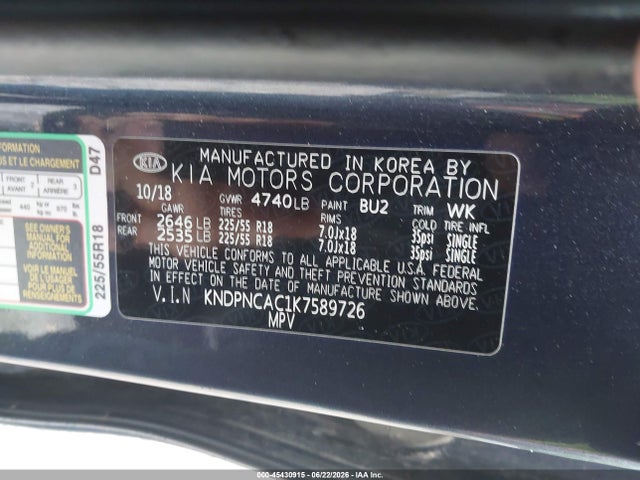 Продажа на аукционе авто 2019 Kia Sportage Ex, vin: KNDPNCAC1K7589726, номер лота: 45430915