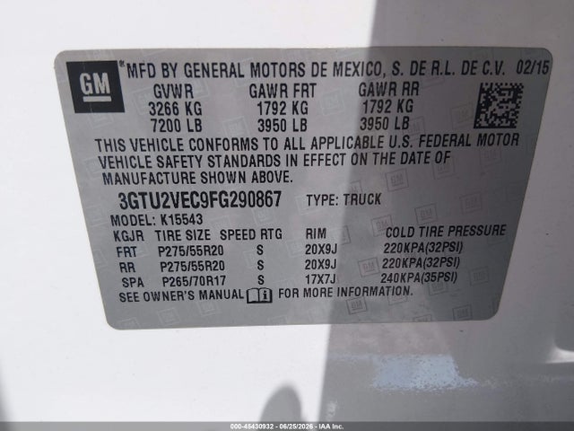 2015 Gmc Sierra 1500 Slt მანქანა იყიდება აუქციონზე, vin: 3GTU2VEC9FG290867, აუქციონის ნომერი: 45430932