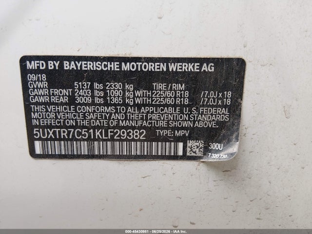 45430981 :رقم المزاد ، 5UXTR7C51KLF29382 vin ، 2019 Bmw X3 Sdrive30i مزاد بيع
