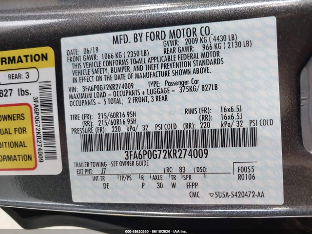 3FA6P0G72KR274009 Ford FUSION S