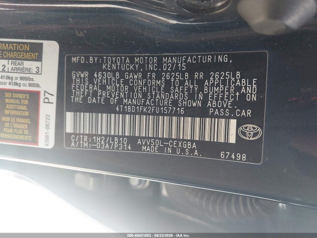 4T1BD1FK2FU157716 Toyota Camry Hybrid Xle