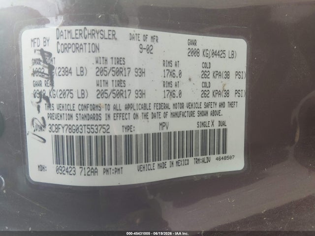 Aukcja sprzedaży 2003 Chrysler Pt Cruiser Gt, vin: 3C8FY78G03T553752, numer aukcji: 45431005