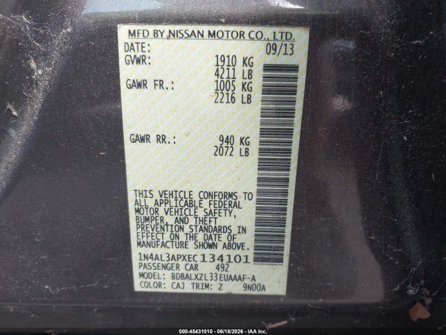 2014 Nissan Altima 2.5 Sl მანქანა იყიდება აუქციონზე, vin: 1N4AL3APXEC134101, აუქციონის ნომერი: 45431010
