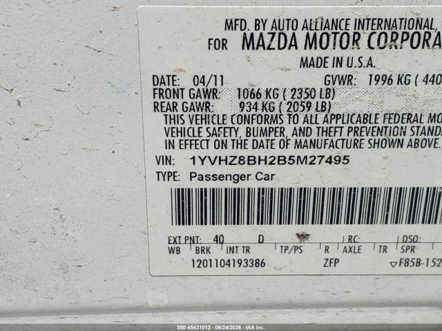 Продажа на аукционе авто 2011 Mazda Mazda6 I Sport, vin: 1YVHZ8BH2B5M27495, номер лота: 45431012