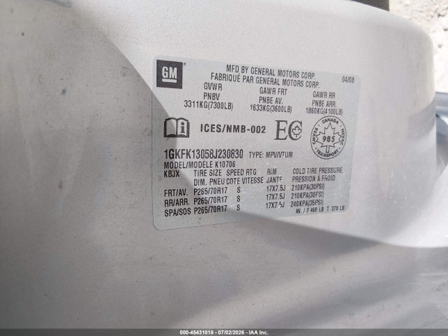45431018 :رقم المزاد ، 1GKFK13058J230830 vin ، 2008 Gmc Yukon Sle/slt مزاد بيع