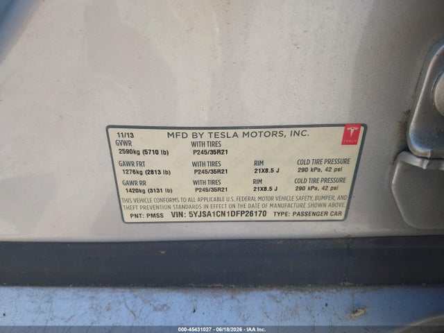 Продажа на аукционе авто 2013 Tesla Model S, vin: 5YJSA1CN1DFP26170, номер лота: 45431027