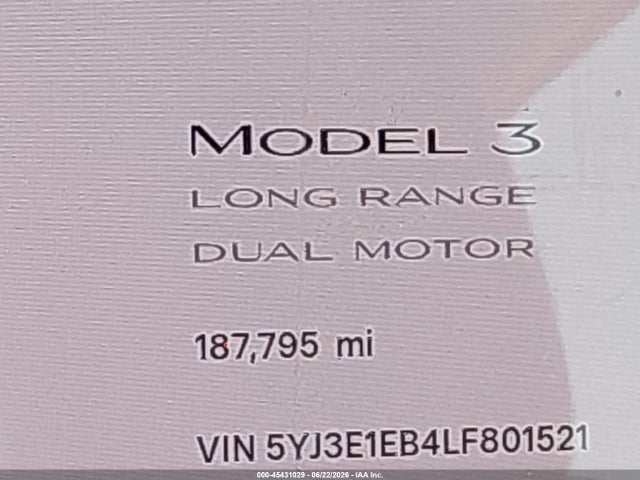 Aukcja sprzedaży 2020 Tesla Model 3 Long Range Dual Motor All-wheel Drive, vin: 5YJ3E1EB4LF801521, numer aukcji: 45431029
