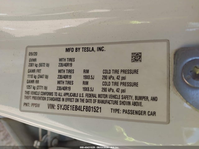 Aukcja sprzedaży 2020 Tesla Model 3 Long Range Dual Motor All-wheel Drive, vin: 5YJ3E1EB4LF801521, numer aukcji: 45431029