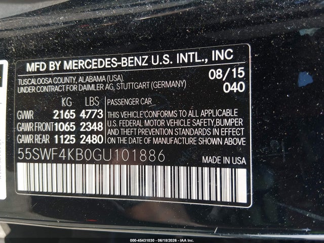 Aukcja sprzedaży 2016 Mercedes-benz C 300 Sport 4matic, vin: 55SWF4KB0GU101886, numer aukcji: 45431030