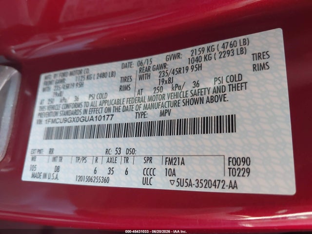Продаж на аукціоні авто 2016 Ford Escape Se, vin: 1FMCU9GX0GUA10177, номер лоту: 45431033
