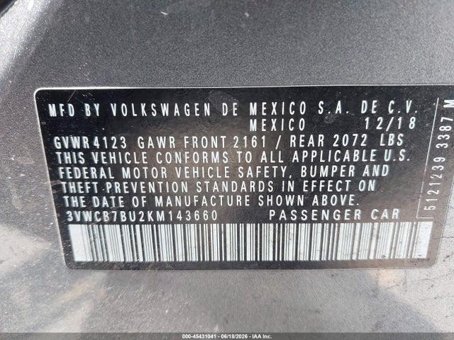 3VWCB7BU2KM143660 Volkswagen Jetta 1.4t R-line/1.4t S/1.4t Se