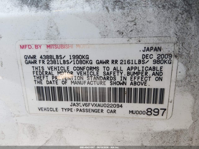 2010 Mitsubishi Lancer Ralliart მანქანა იყიდება აუქციონზე, vin: JA32V6FVXAU022094, აუქციონის ნომერი: 45431057