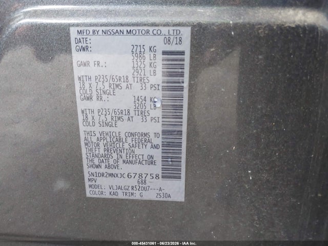 5N1DR2MNXJC678758 Nissan Pathfinder Sl