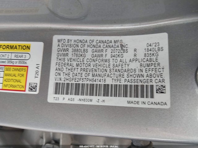 45431077 :رقم المزاد ، 2HGFE2F57PH541418 vin ، 2023 Honda Civic Sport مزاد بيع