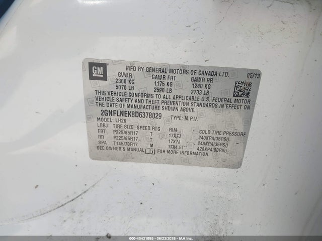 Aukcja sprzedaży 2013 Chevrolet Equinox Lt, vin: 2GNFLNEK8D6378029, numer aukcji: 45431085
