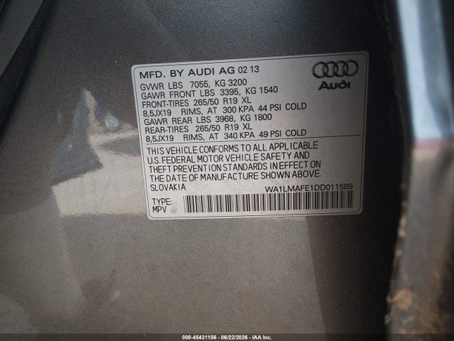 Продаж на аукціоні авто 2013 Audi Q7 3.0 Tdi Premium, vin: WA1LMAFE1DD011589, номер лоту: 45431156