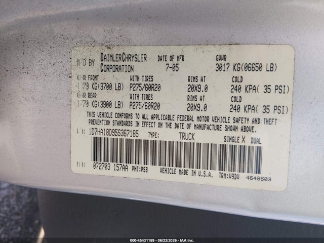 2005 Dodge Ram 1500 Slt/laramie მანქანა იყიდება აუქციონზე, vin: 1D7HA18D95S367185, აუქციონის ნომერი: 45431159