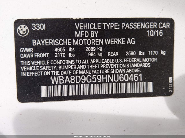 Aukcja sprzedaży 2017 Bmw 330i Xdrive, vin: WBA8D9G59HNU60461, numer aukcji: 45431167