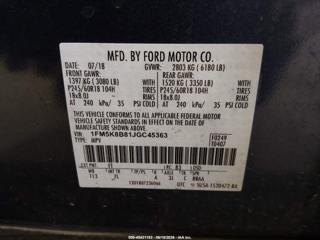 1FM5K8B81JGC45363 Ford Explorer