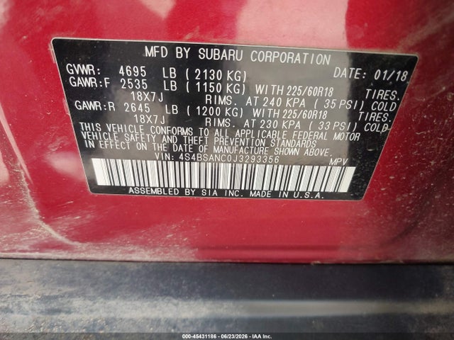 45431186 :رقم المزاد ، 4S4BSANC0J3293356 vin ، 2018 Subaru Outback 2.5i Limited مزاد بيع