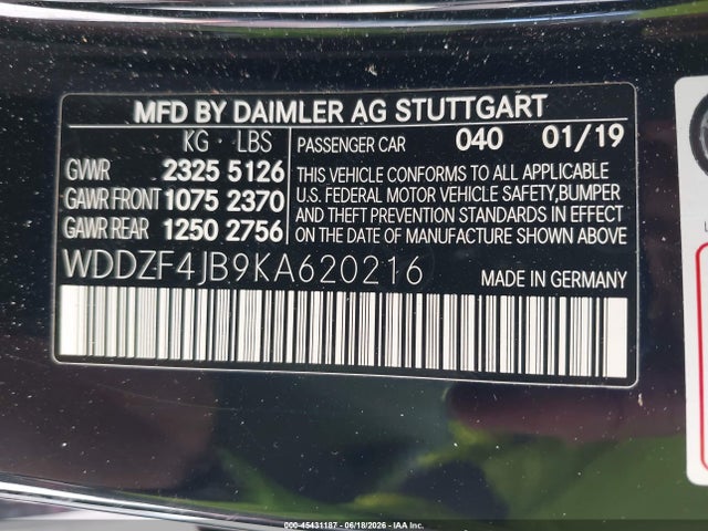 45431187 :رقم المزاد ، WDDZF4JB9KA620216 vin ، 2019 Mercedes-benz E 300 مزاد بيع