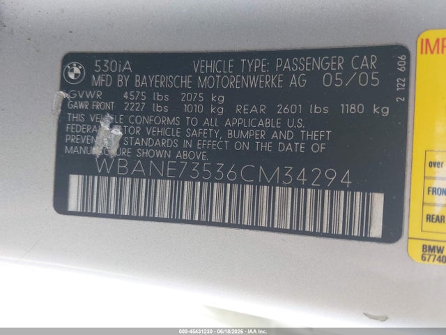 45431230 :رقم المزاد ، WBANE73536CM34294 vin ، 2006 Bmw 530i مزاد بيع