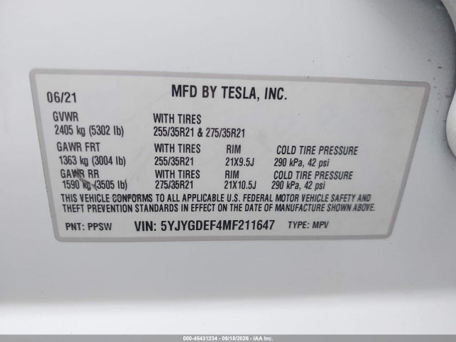 2021 Tesla Model Y Performance Dual Motor All-wheel Drive მანქანა იყიდება აუქციონზე, vin: 5YJYGDEF4MF211647, აუქციონის ნომერი: 45431234