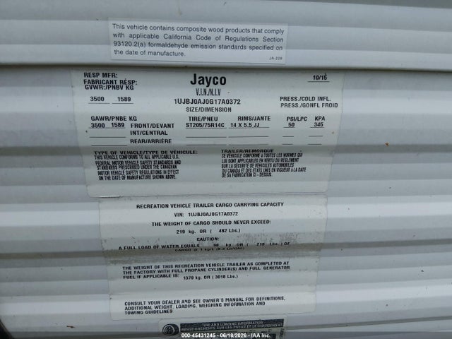 Продажа на аукционе авто 2016 Jayco Camper, vin: 1UJBJOAJOG17A0372, номер лота: 45431245