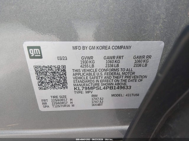 Продажа на аукционе авто 2023 Chevrolet Trailblazer Fwd Lt, vin: KL79MPSL4PB149633, номер лота: 45431252