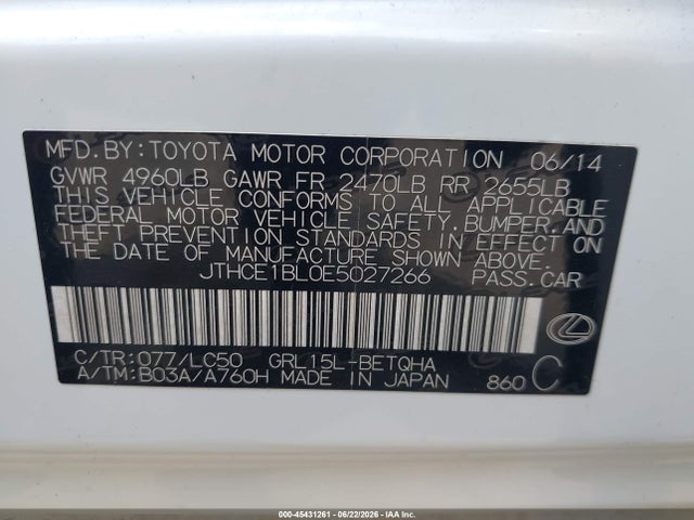 45431261 :رقم المزاد ، JTHCE1BL0E5027266 vin ، 2014 Lexus Gs 350 مزاد بيع