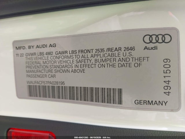 Продаж на аукціоні авто 2023 Audi A5 Sportback Premium Plus 45 Tfsi S Line Quattro S Tronic, vin: WAUFACF57PA028195, номер лоту: 45431263