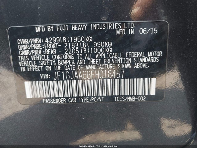 2015 Subaru Impreza 2.0i მანქანა იყიდება აუქციონზე, vin: JF1GJAA66FH018457, აუქციონის ნომერი: 45431265