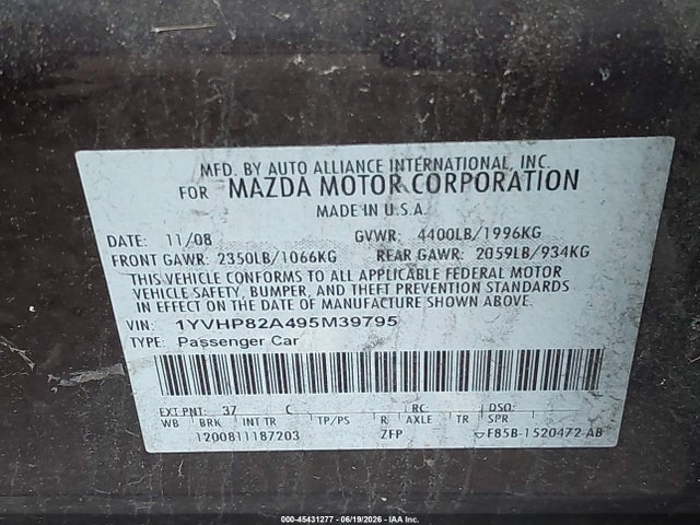 45431277 :رقم المزاد ، 1YVHP82A495M39795 vin ، 2009 Mazda Mazda6 I Touring مزاد بيع