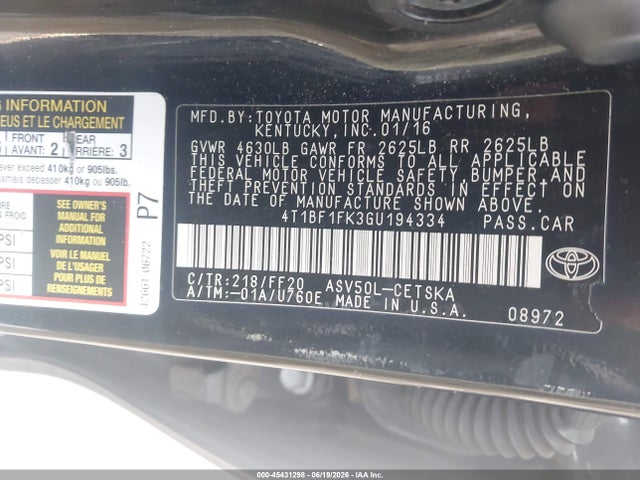 4T1BF1FK3GU194334 Toyota CAMRY SE