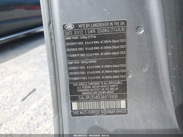 45431312 :رقم المزاد ، SALAK2D40CA615906 vin ، 2012 Land Rover Lr4 مزاد بيع