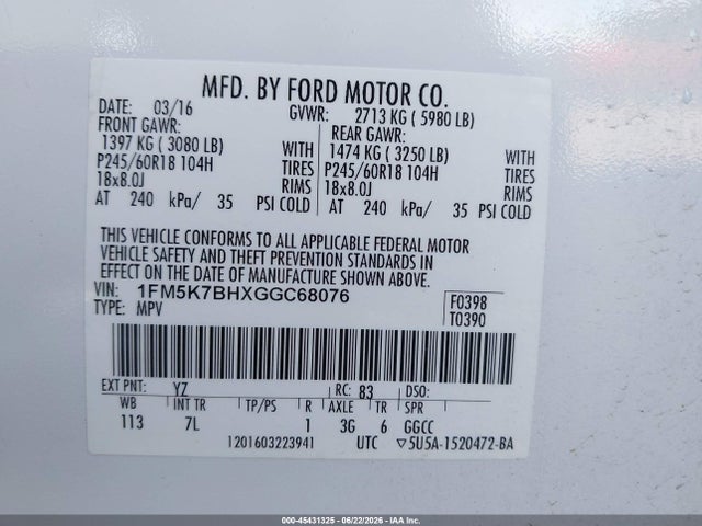 1FM5K7BHXGGC68076 Ford Explorer