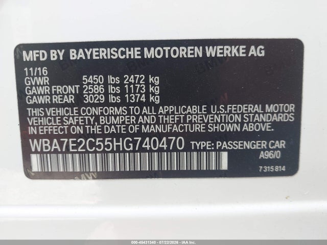 45431340 :رقم المزاد ، WBA7E2C55HG740470 vin ، 2017 Bmw 740i مزاد بيع