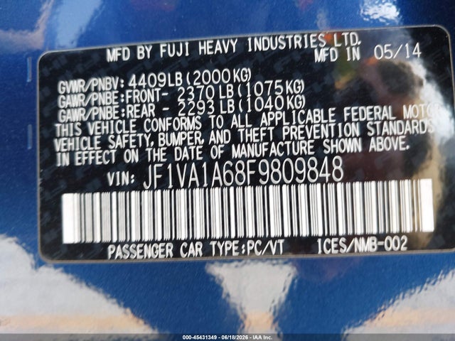 Aukcja sprzedaży 2015 Subaru Wrx, vin: JF1VA1A68F9809848, numer aukcji: 45431349