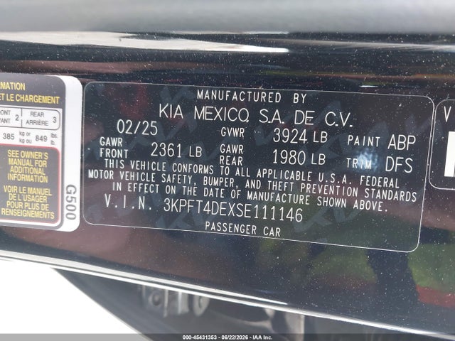 45431353 :رقم المزاد ، 3KPFT4DEXSE111146 vin ، 2025 Kia K4 Lxs مزاد بيع
