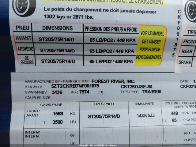 Продажа на аукционе авто 2022 Forest River Grey Wolf Special Edition 26djse Travel Trailer, vin: 5ZT2CKRB7NF001875, номер лота: 45431382