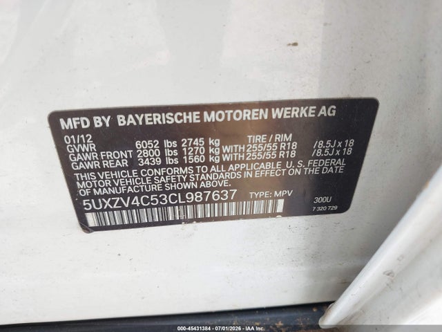 45431384 :رقم المزاد ، 5UXZV4C53CL987637 vin ، 2012 Bmw X5 Xdrive35i/xdrive35i Premium/xdrive35i Sport Activity مزاد بيع