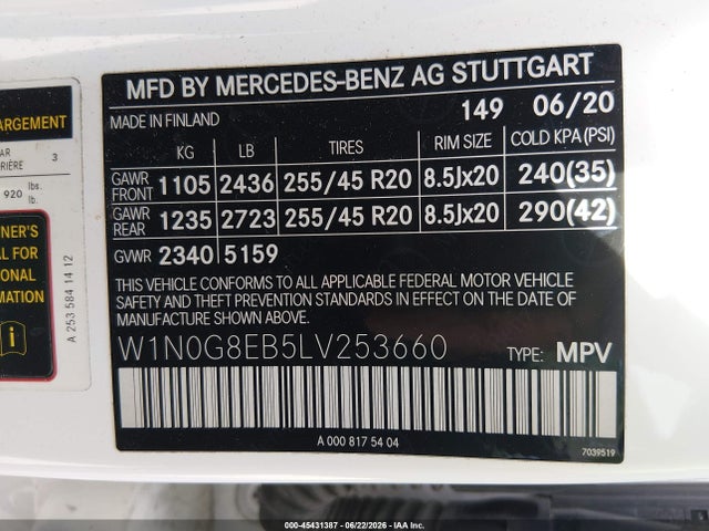 2020 Mercedes-benz Glc 300 4matic მანქანა იყიდება აუქციონზე, vin: W1N0G8EB5LV253660, აუქციონის ნომერი: 45431387